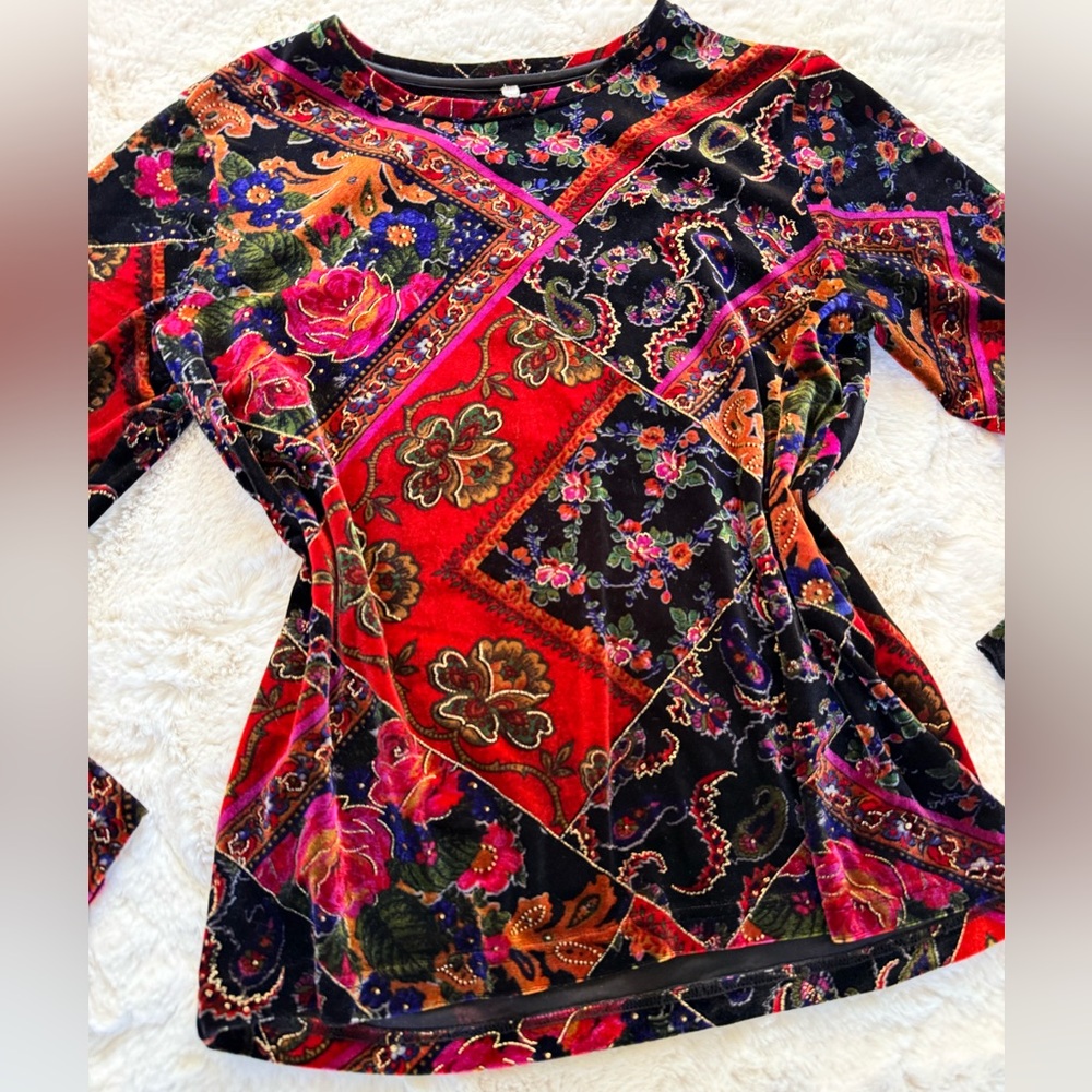 💫Stunning Vintage 90s Y2K Vivid Velvet Floral Paisley Patchwork Long Sleeve Top - Picture 2 of 15